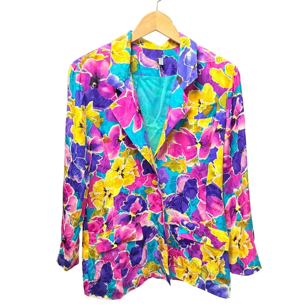 Vintage 100% Silk Floral Blazer Medium Multi Color‎ Dopamine 90s Career Luxury